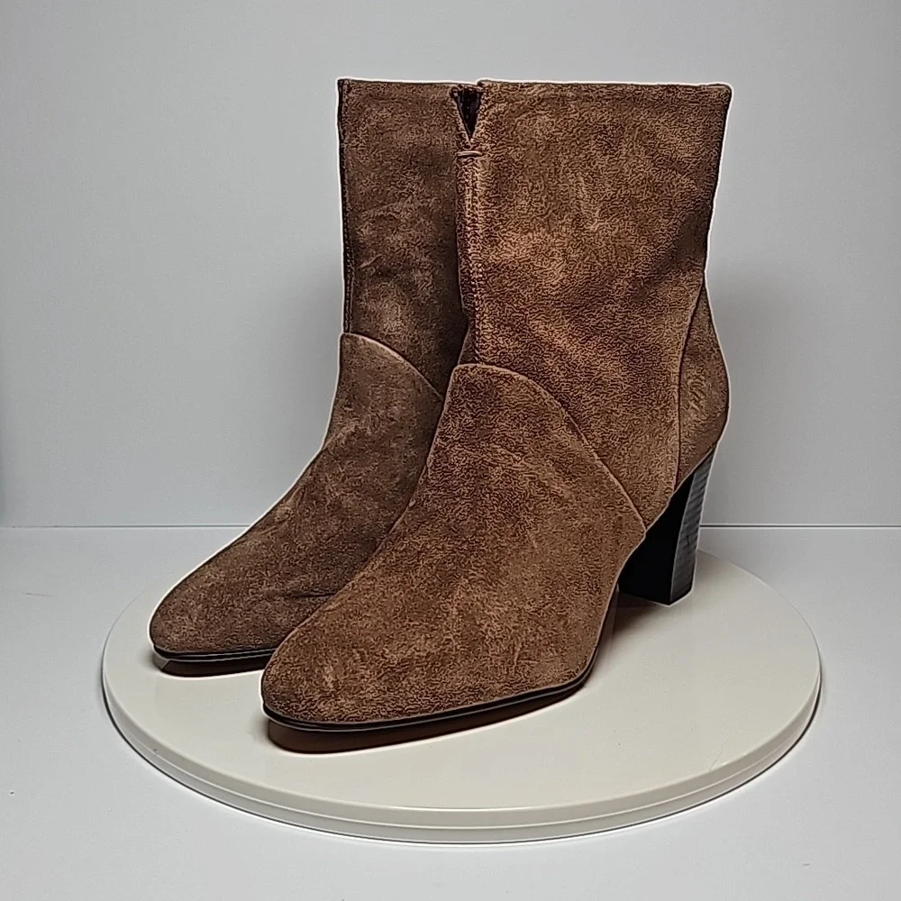Franco Sarto Pia Suede Ankle Booties Brown 7.5 Side Zip Almond Toe Heeled Boots